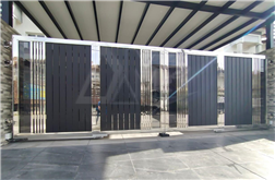 Rackless stainless steel folding gate with aluminium panels and tempered glass