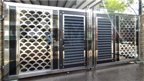 Stainless steel laser cut design swing gate with aluminium panels and tempered glass